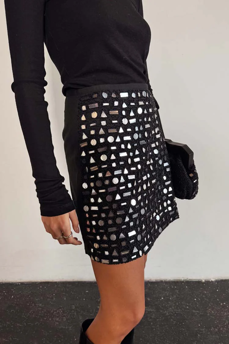 Black Beaded Mirror Skirt - Image 3