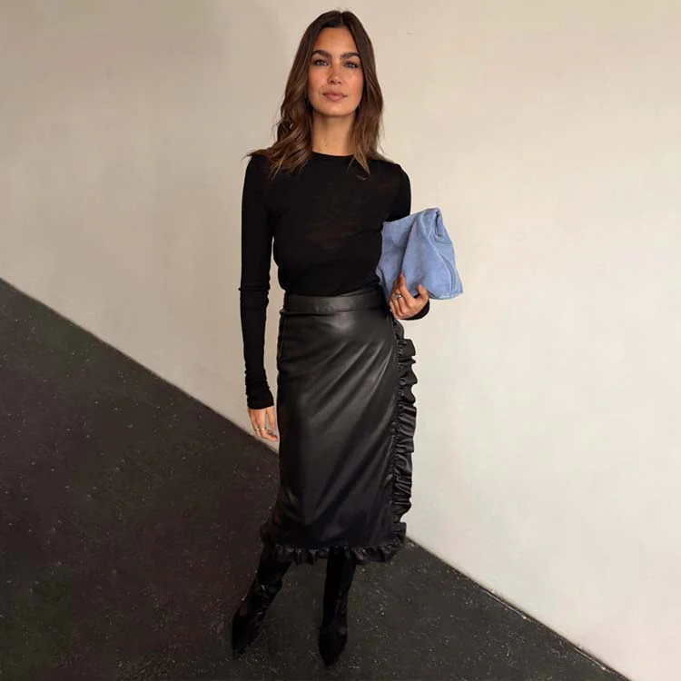 Black Vegan Leather Ruffle Jaspre Skirt