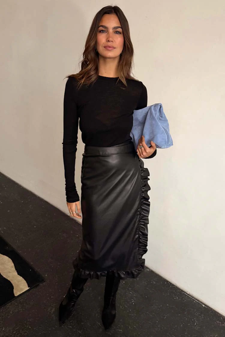 Black Vegan Leather Ruffle Jaspre Skirt - Image 2