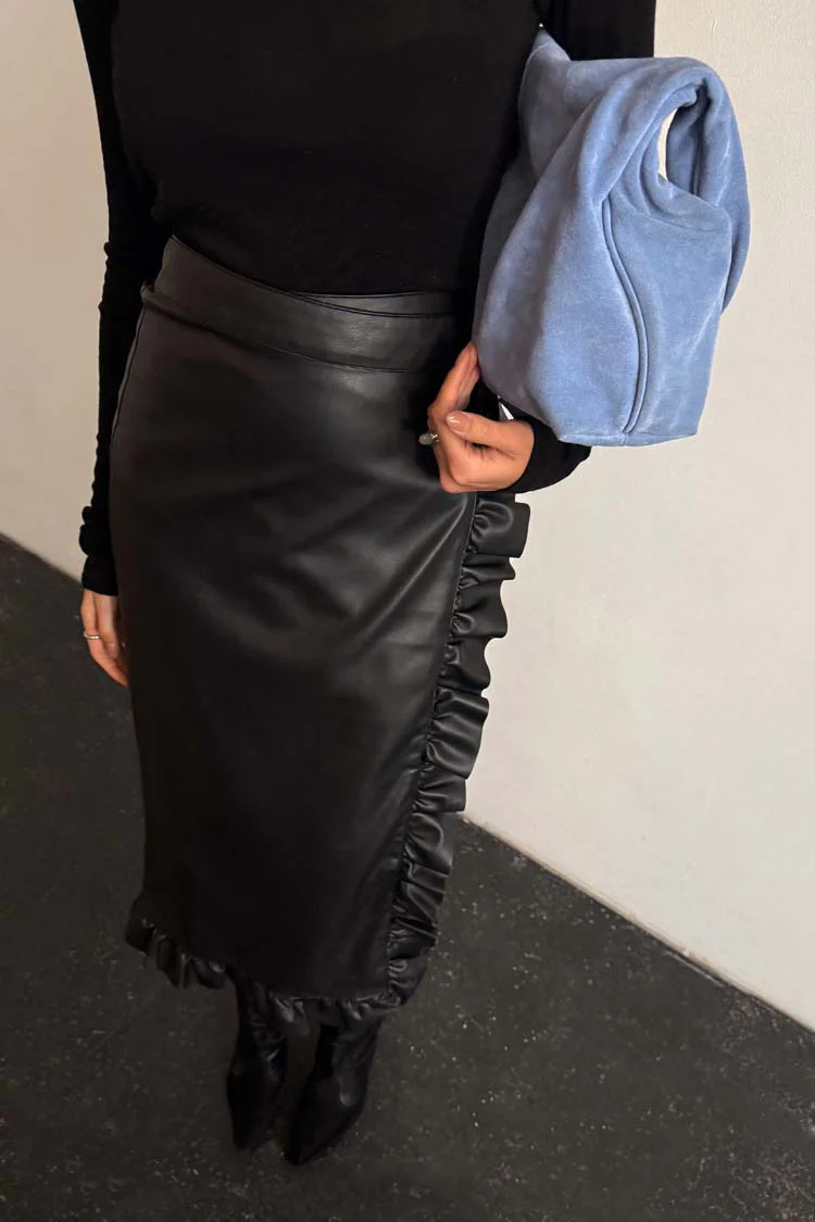 Black Vegan Leather Ruffle Jaspre Skirt - Image 4