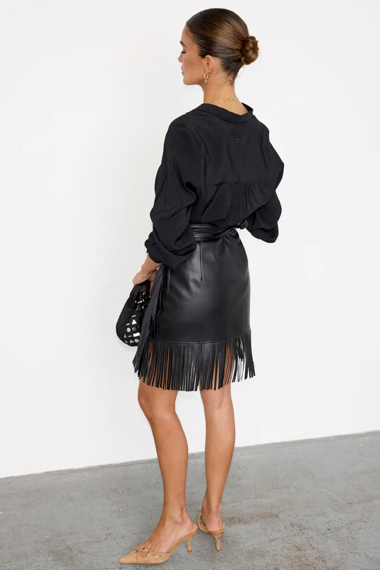 Black Vegan Leather Mini Fringe Jaspre Skirt - Image 7