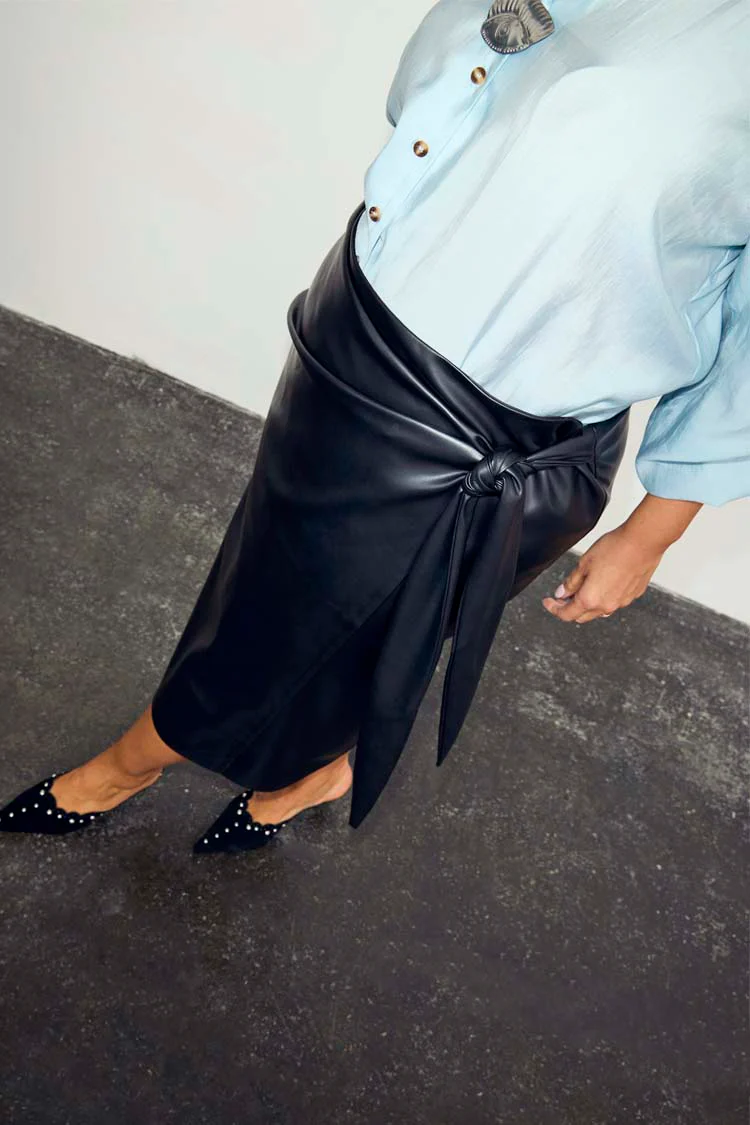Black Vegan Leather Wrap Skirt - Image 6