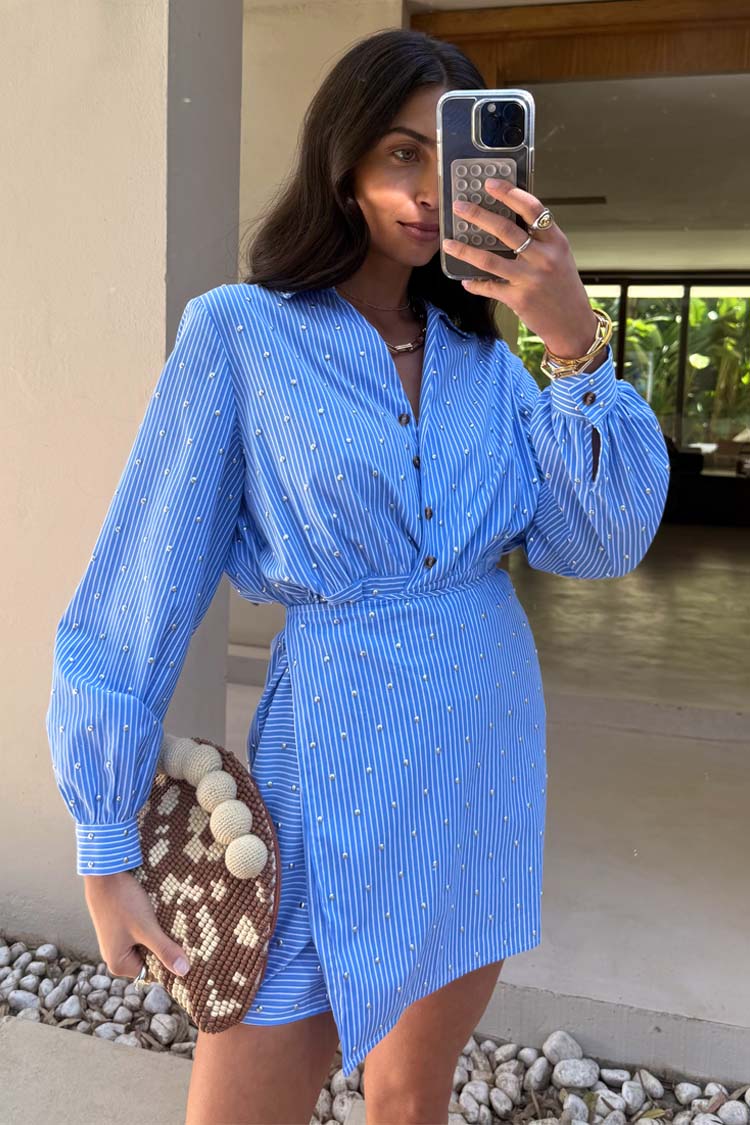 Blue Stripe Mini Miley Shirt Dress - Image 7