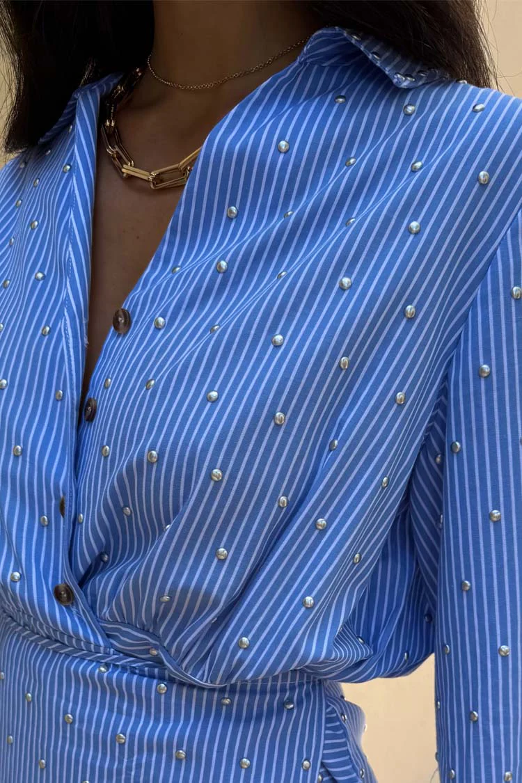 Blue Stripe Mini Miley Shirt Dress - Image 8