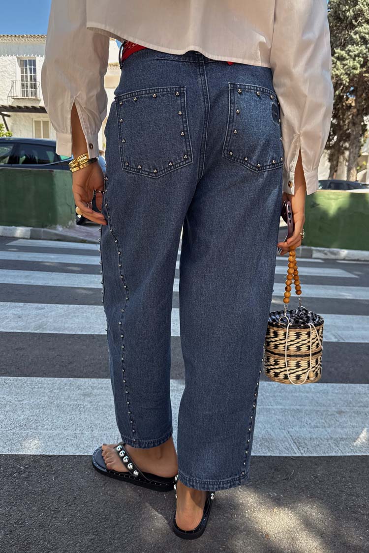 Blue Studded Barrel Jeans - Image 12