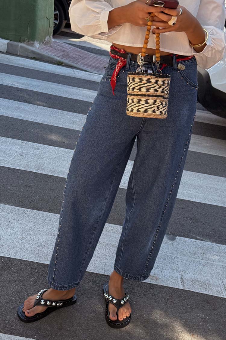 Blue Studded Barrel Jeans - Image 8