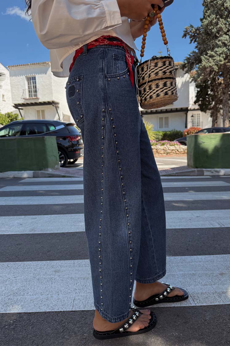Blue Studded Barrel Jeans - Image 9