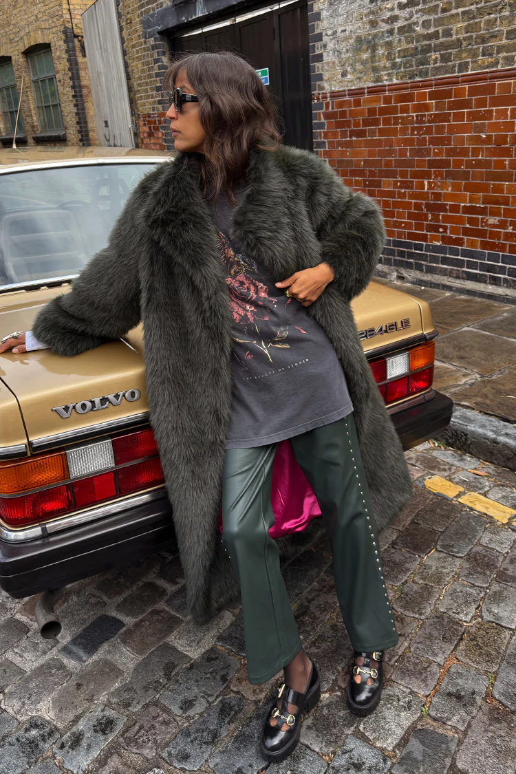 Bottle Green Studded Vegan Leather Trousers - Image 3