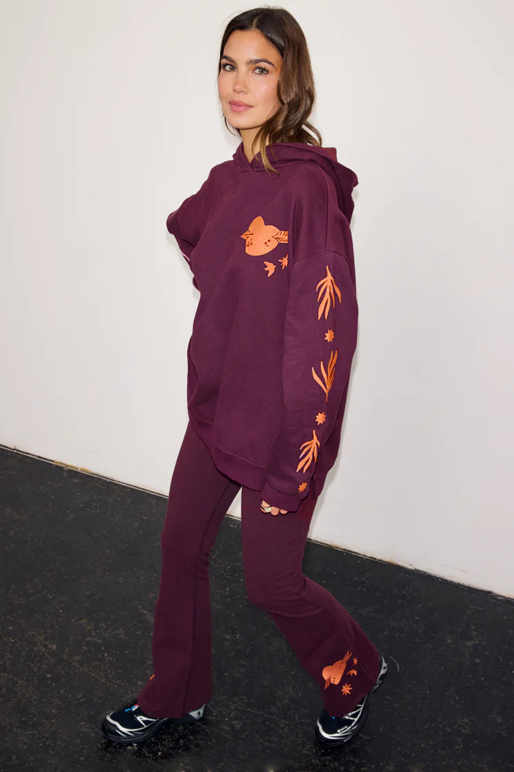 Burgundy Cotton Wide Leg Pants with Coral Embroidery - Image 4