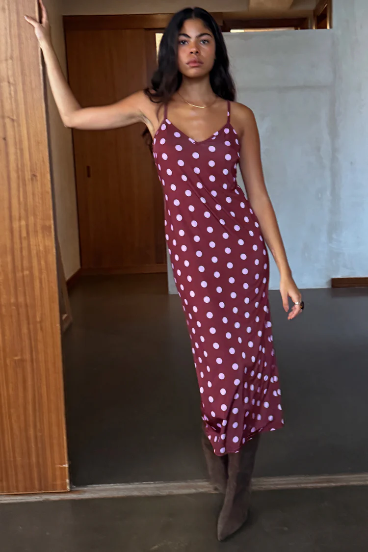 Burgundy Polka Dot Mesh Dress - Image 3