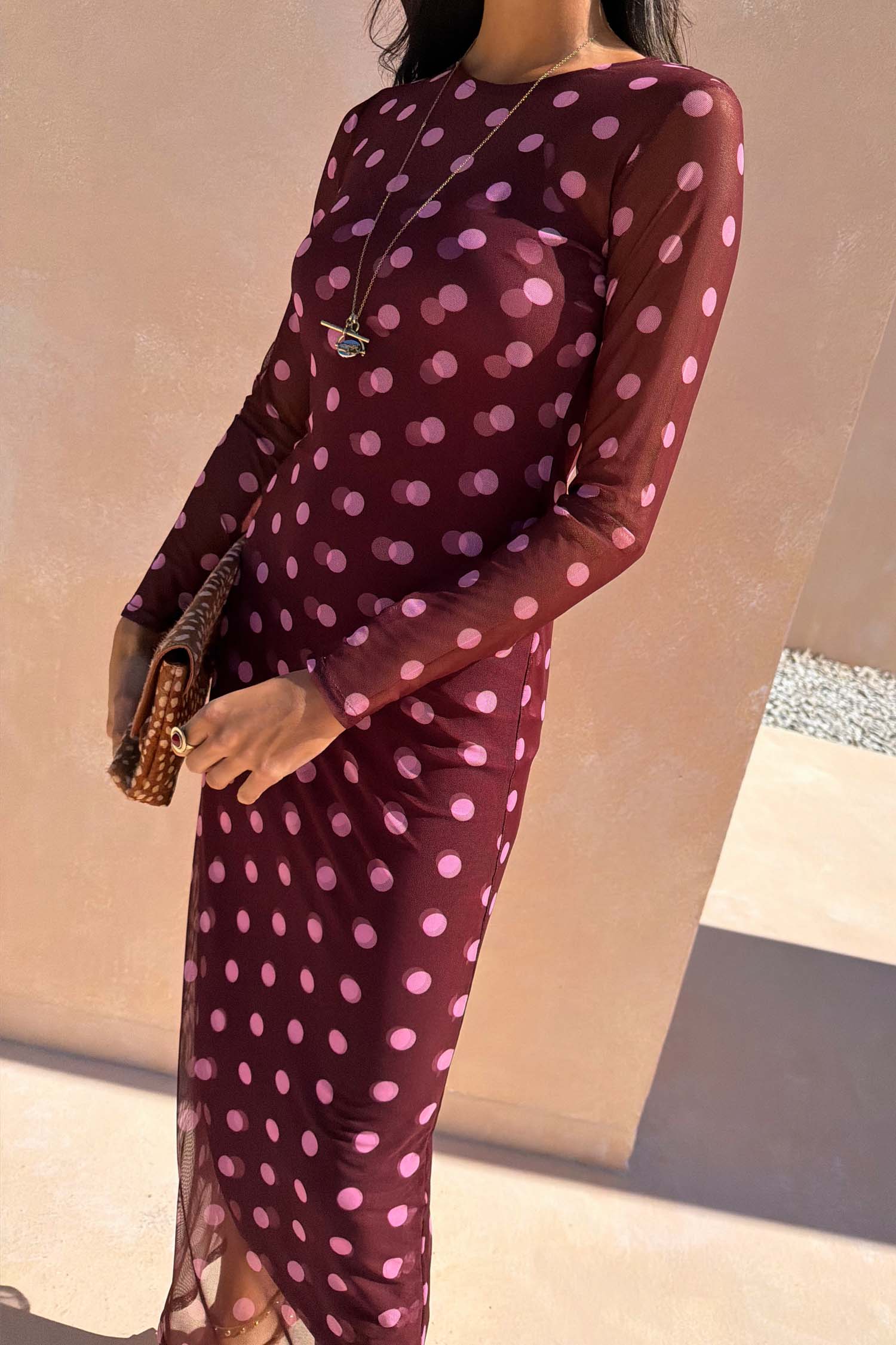 Burgundy Polka Dot Mesh Dress - Image 4