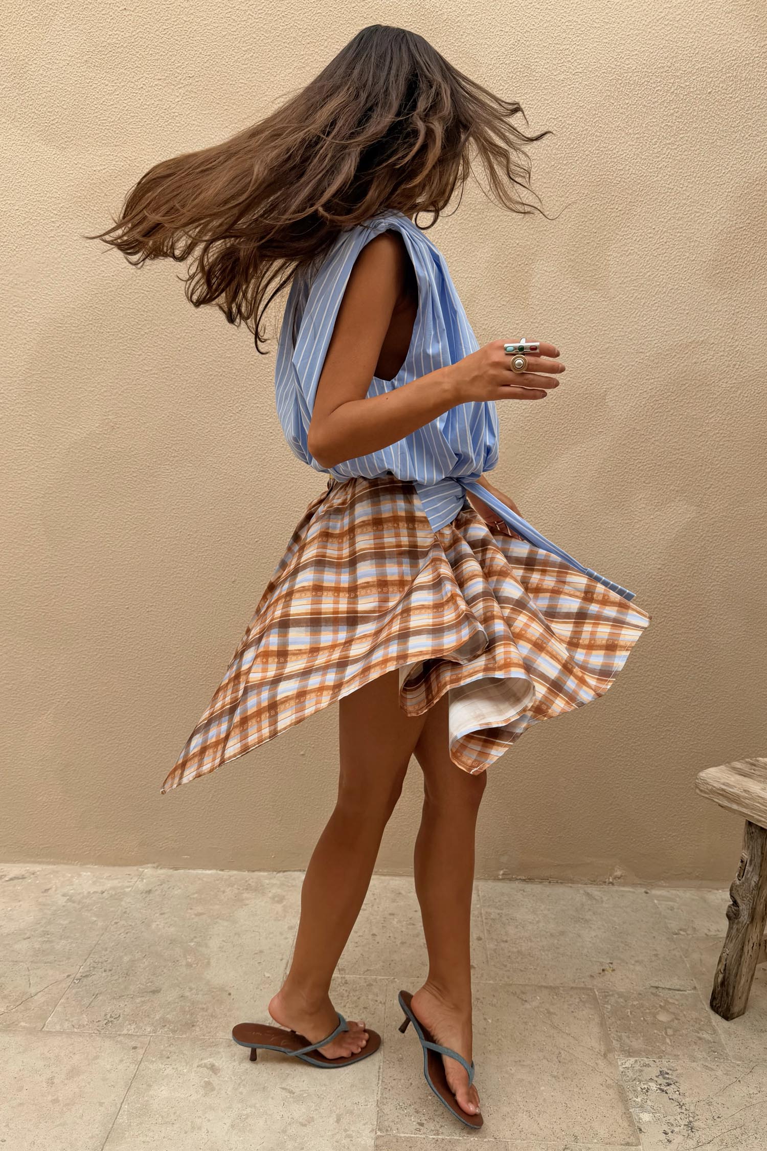 Check Asymmetric Mini Skirt with Stripe Detail - Image 3
