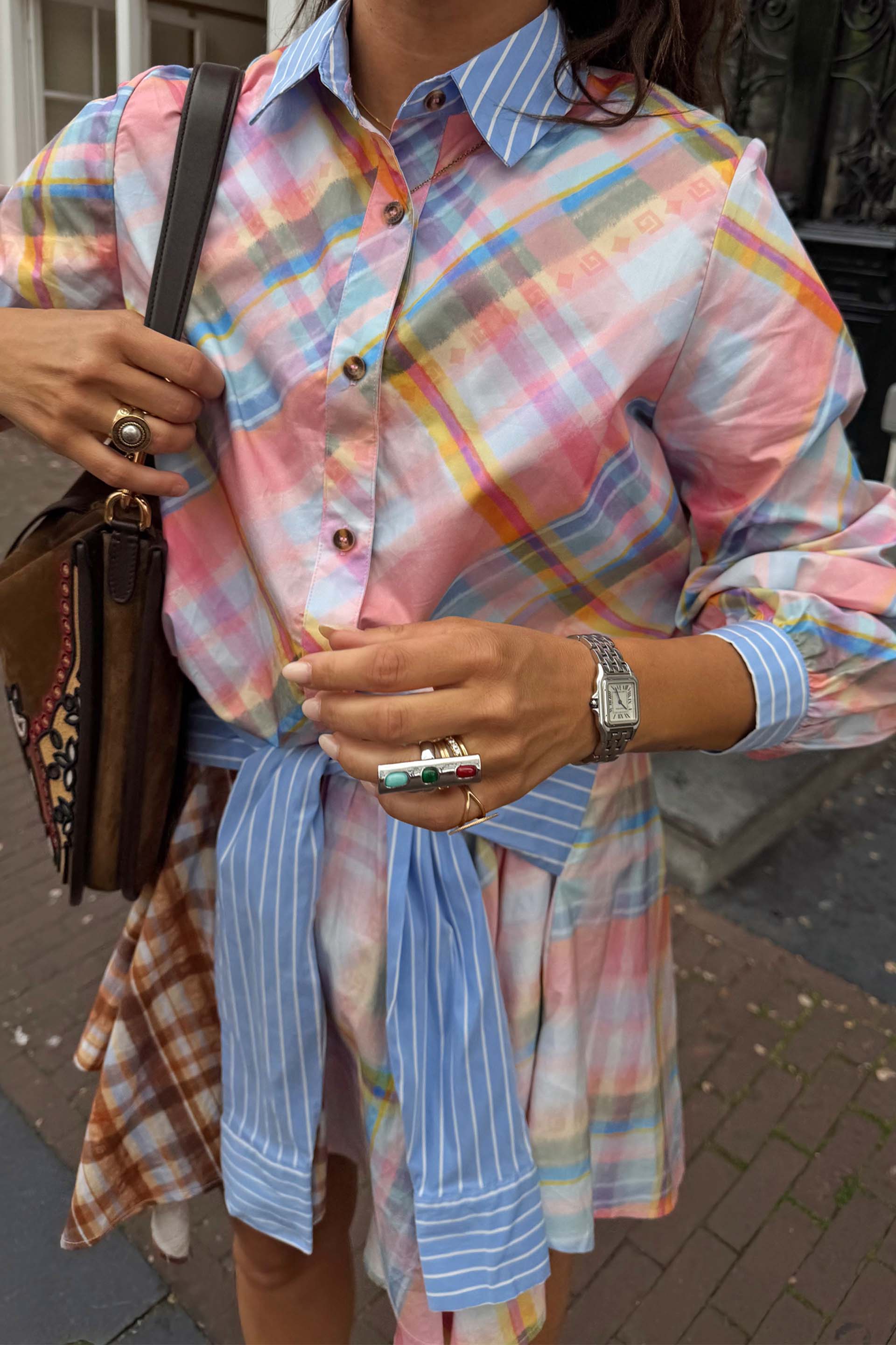Check Shirt with Stripe Pussy Bow - Image 2
