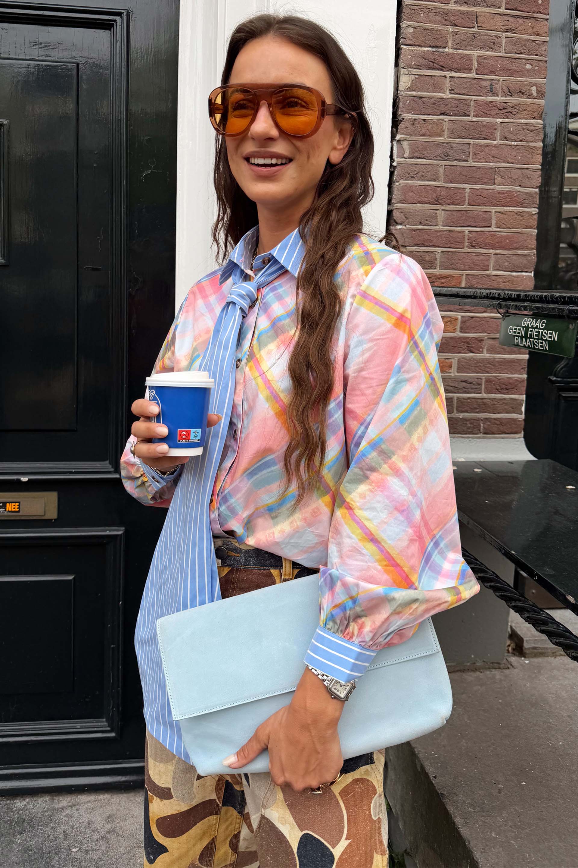 Check Shirt with Stripe Pussy Bow - Image 4
