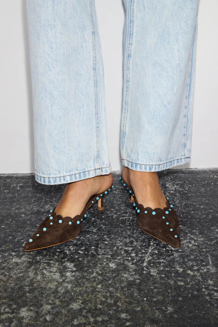 Chocolate Suede Mules with Turquoise Studs - Image 2
