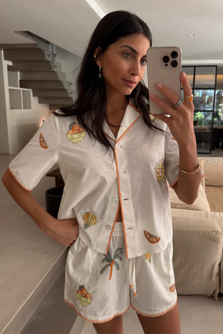 Cream Embroidered Button Through Shorts Set - Image 3