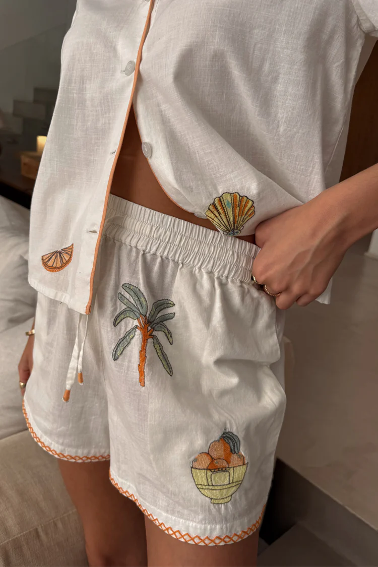 Cream Embroidered Button Through Shorts Set - Image 4