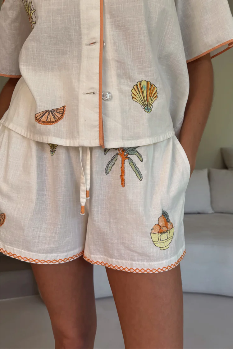 Cream Embroidered Button Through Shorts Set - Image 7