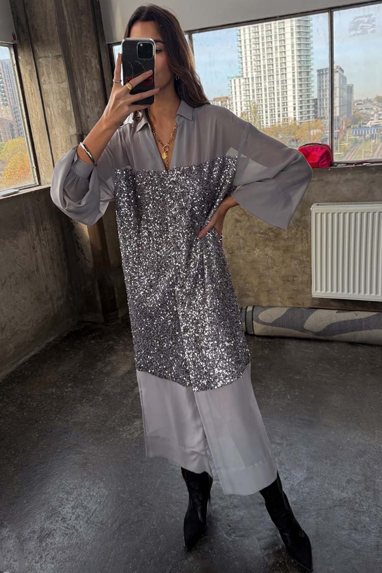 Gunmetal Sequin Lila Shirt Dress - Image 2