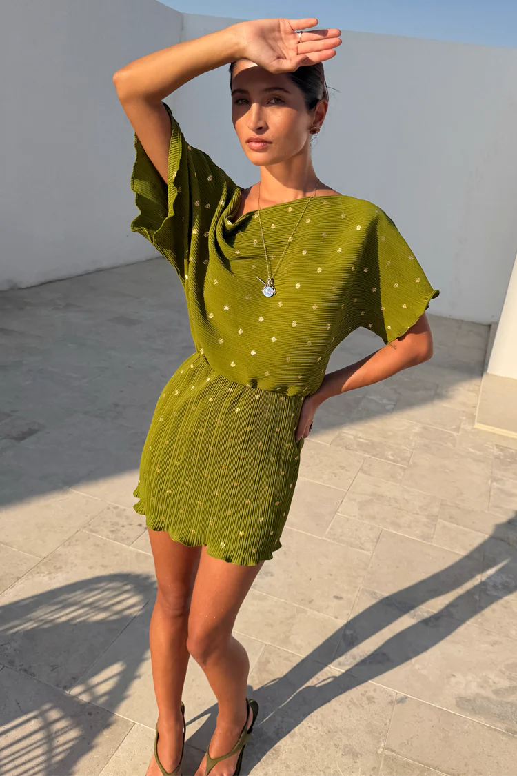 Khaki Mini Plisse Tilly Dress - Image 4