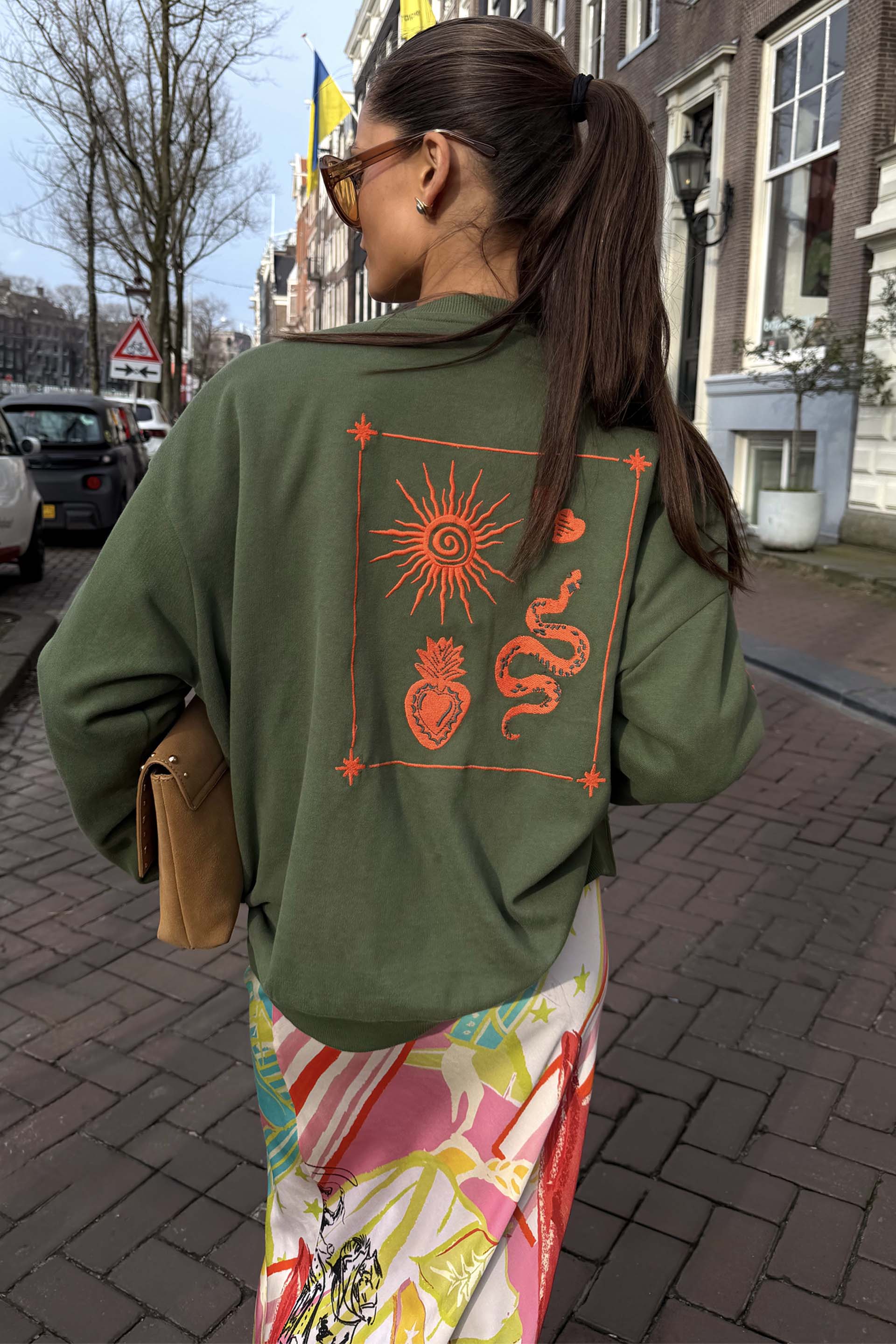 Khaki Sweatshirt with Orange Embroidery - Image 3