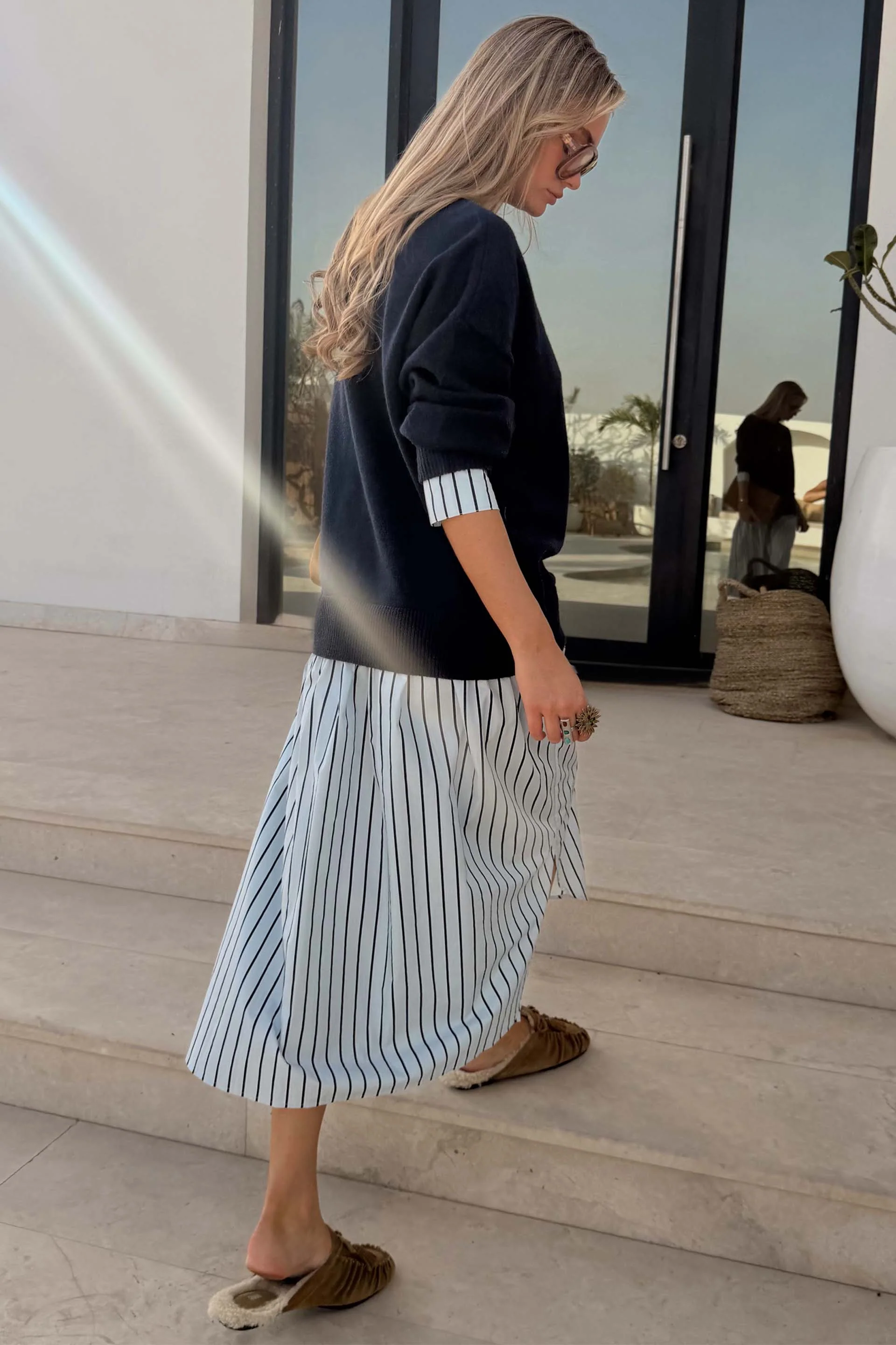 Navy Knit Jumper Dress with Stripe Cotton Skirt - Image 10