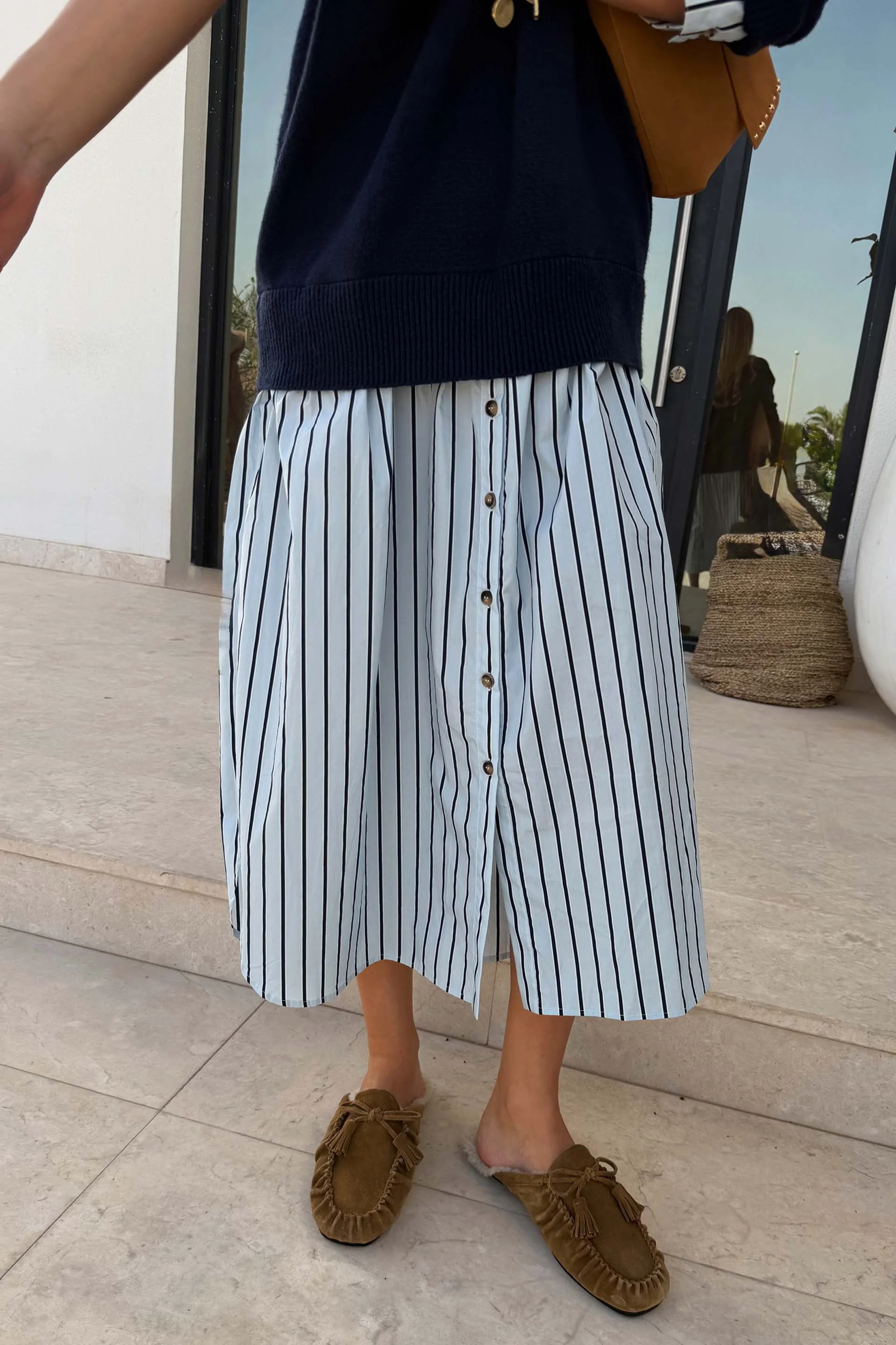Navy Knit Jumper Dress with Stripe Cotton Skirt - Image 11