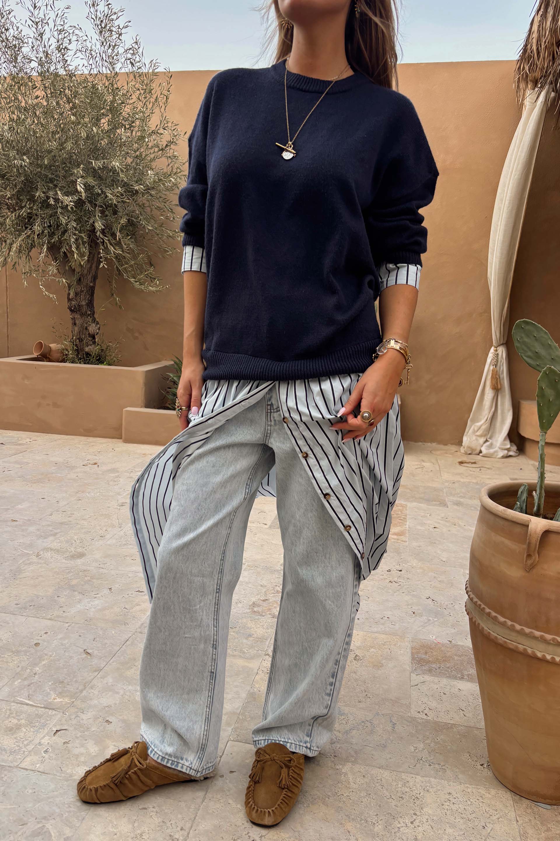 Navy Knit Jumper Dress with Stripe Cotton Skirt - Image 12