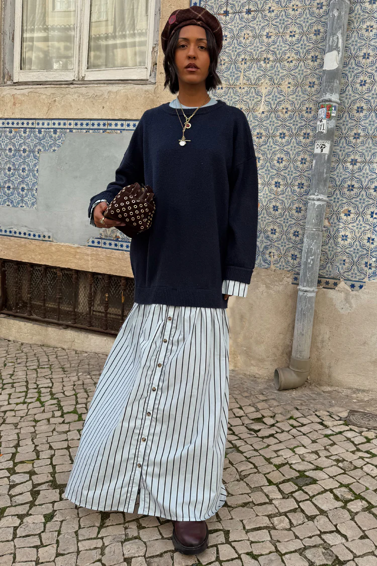 Navy Knit Jumper Dress with Stripe Cotton Skirt - Image 13