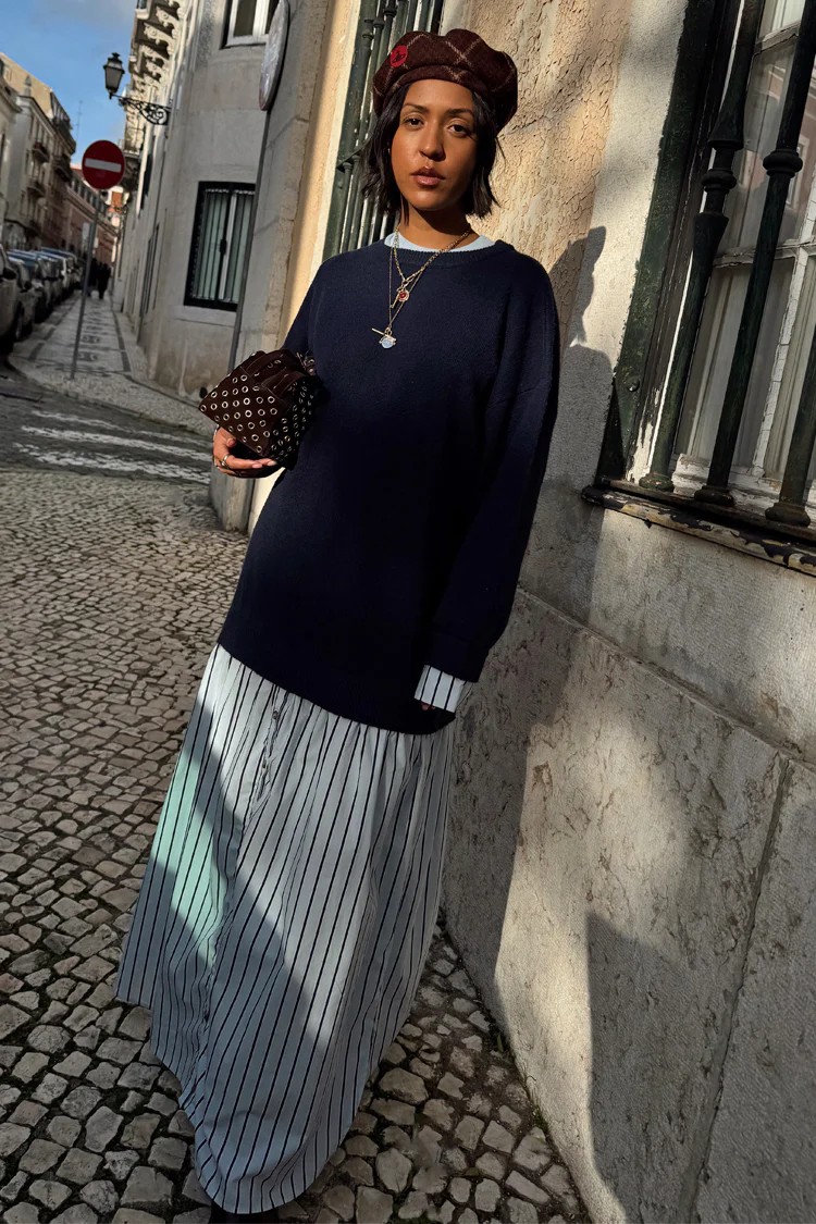 Navy Knit Jumper Dress with Stripe Cotton Skirt - Image 4