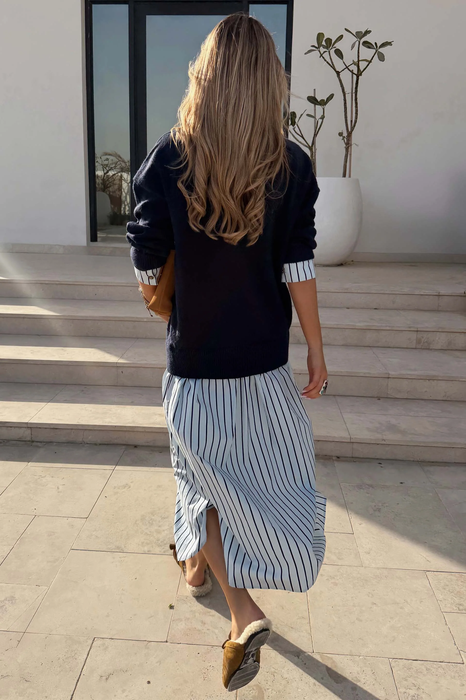 Navy Knit Jumper Dress with Stripe Cotton Skirt - Image 5