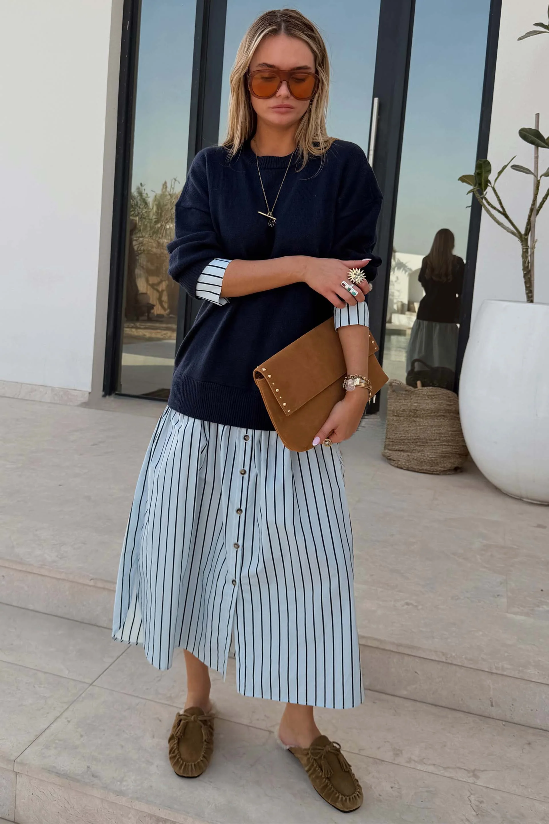 Navy Knit Jumper Dress with Stripe Cotton Skirt - Image 8