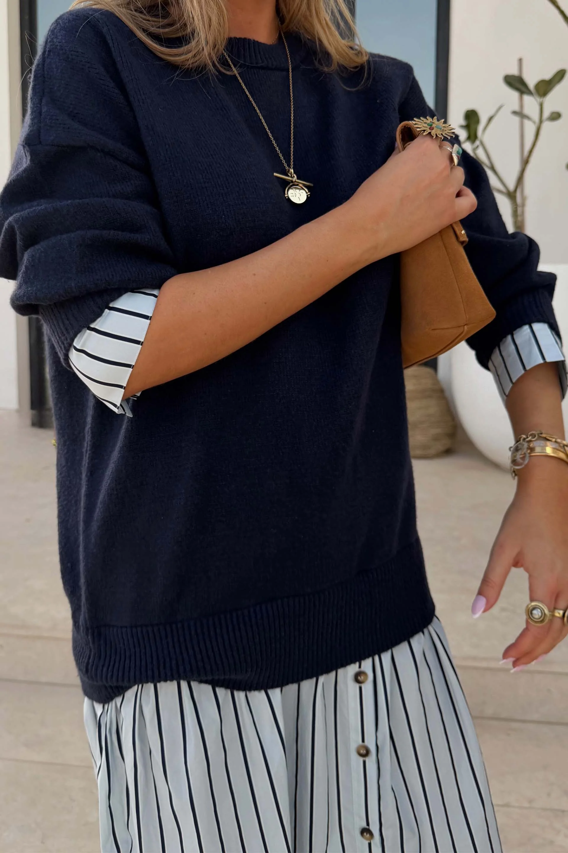 Navy Knit Jumper Dress with Stripe Cotton Skirt - Image 9