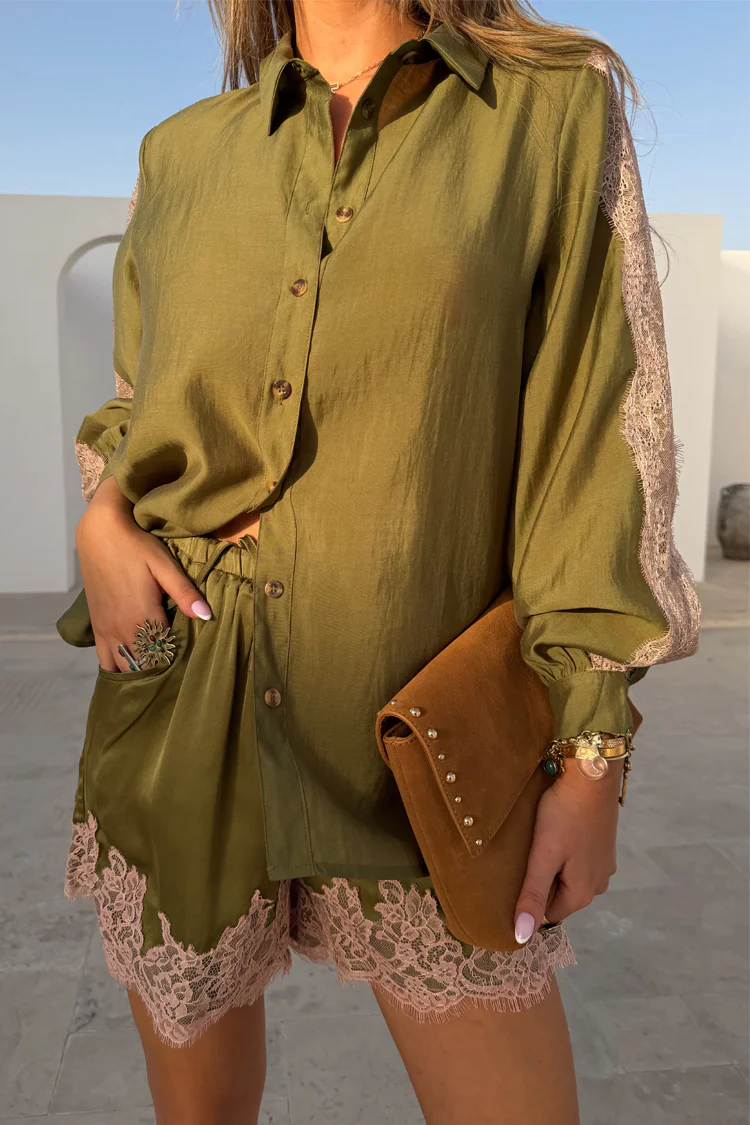 Olive & Pink Lace Shorts - Image 3