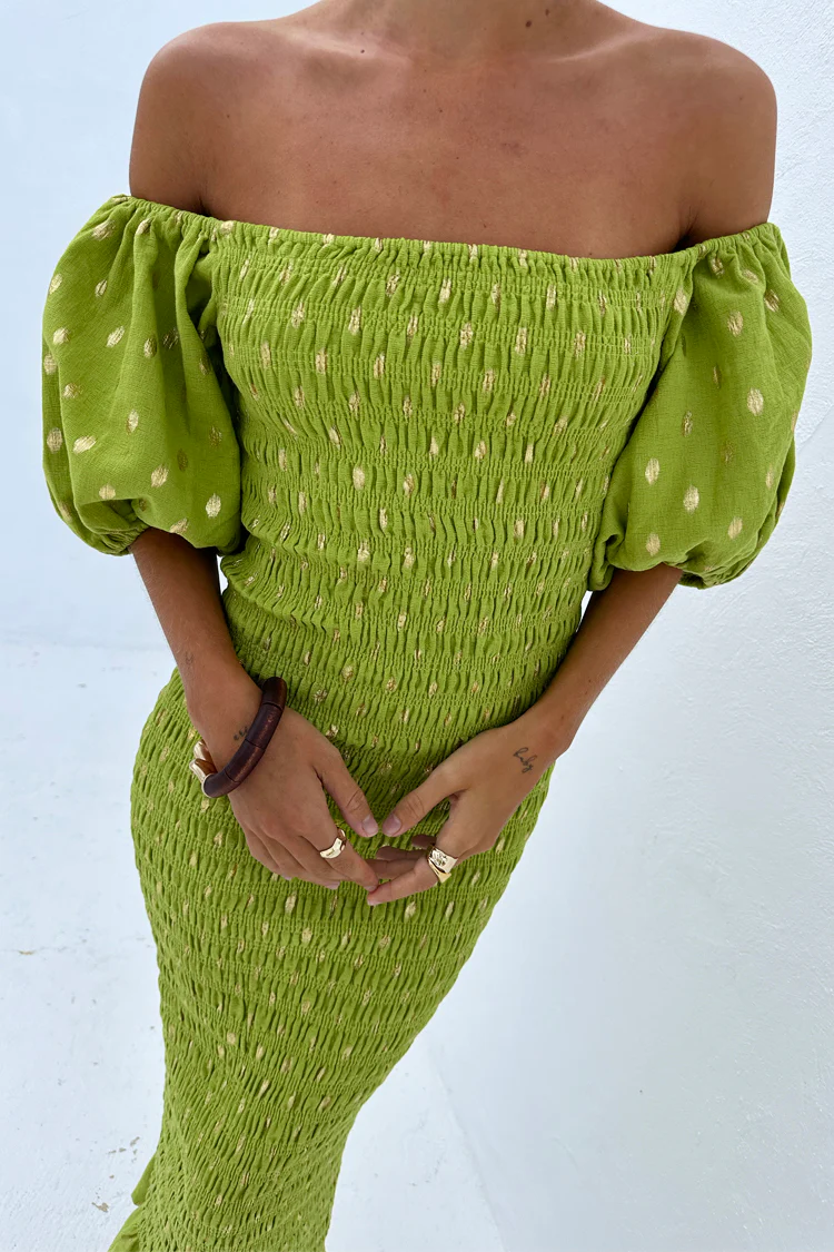 Olive Jojo Dress with Gold Fleck - Image 10