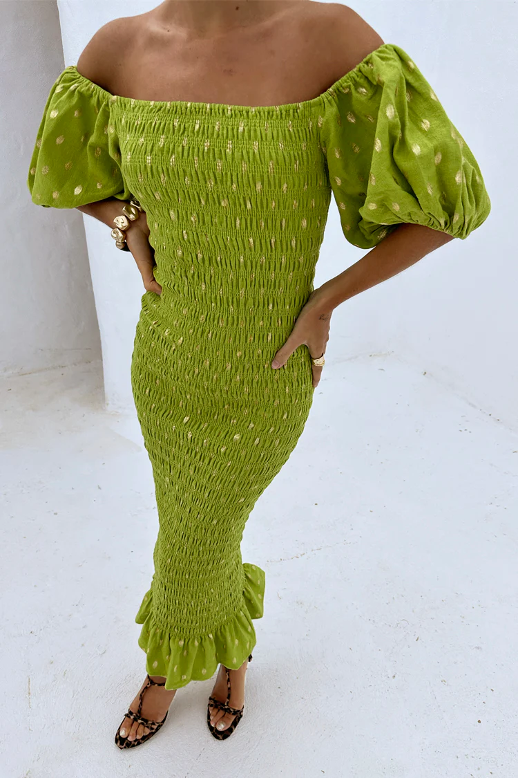 Olive Jojo Dress with Gold Fleck - Image 3