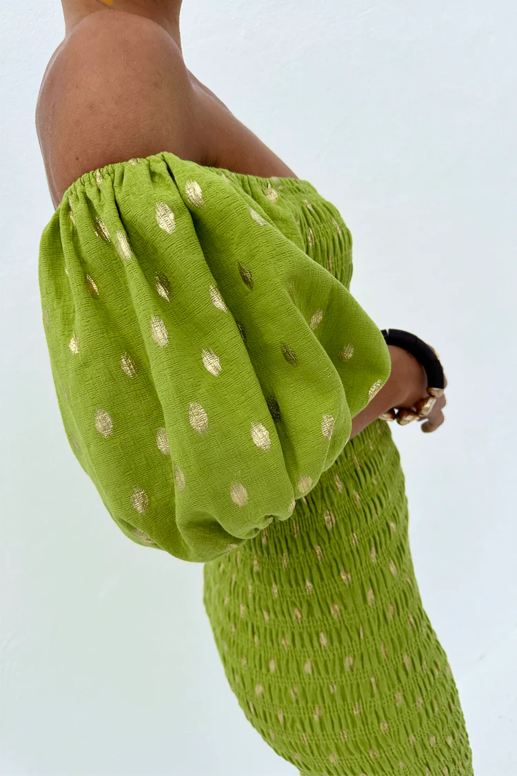 Olive Jojo Dress with Gold Fleck - Image 6