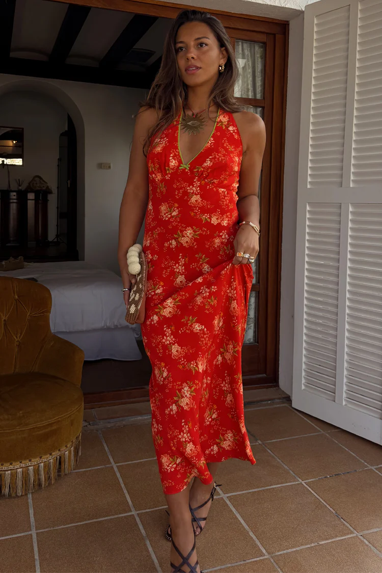 Red Floral Halter Dress - Image 2