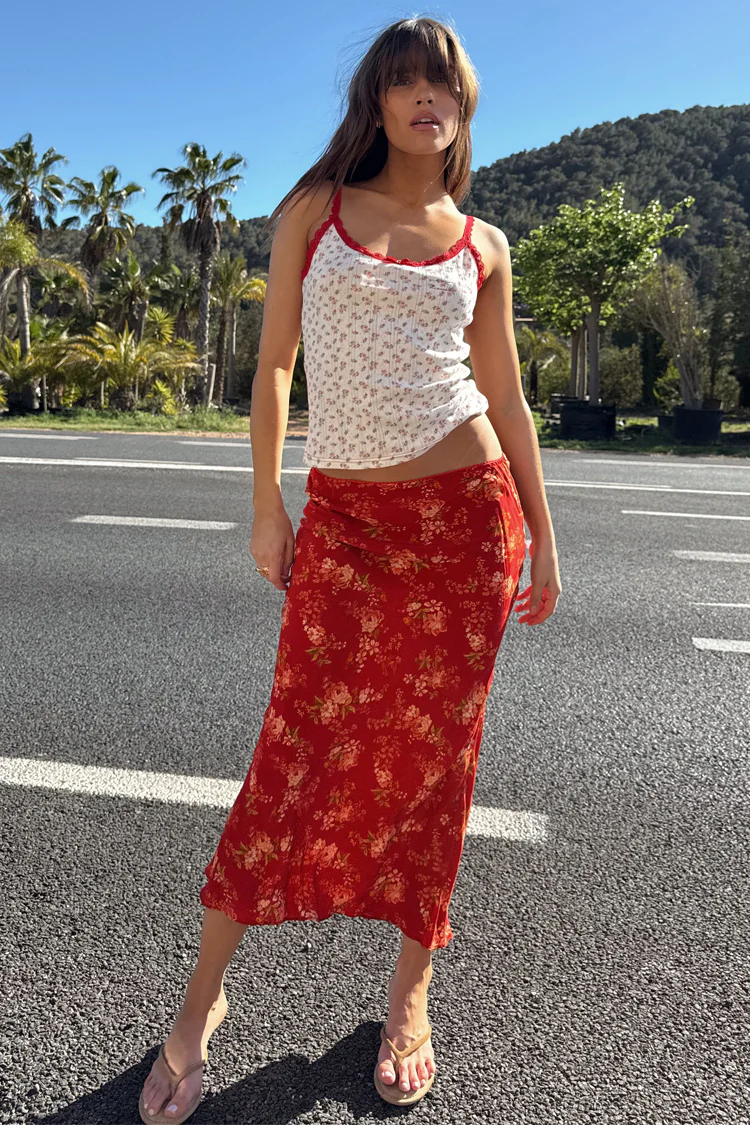 Red Floral Midi Skirt - Image 4