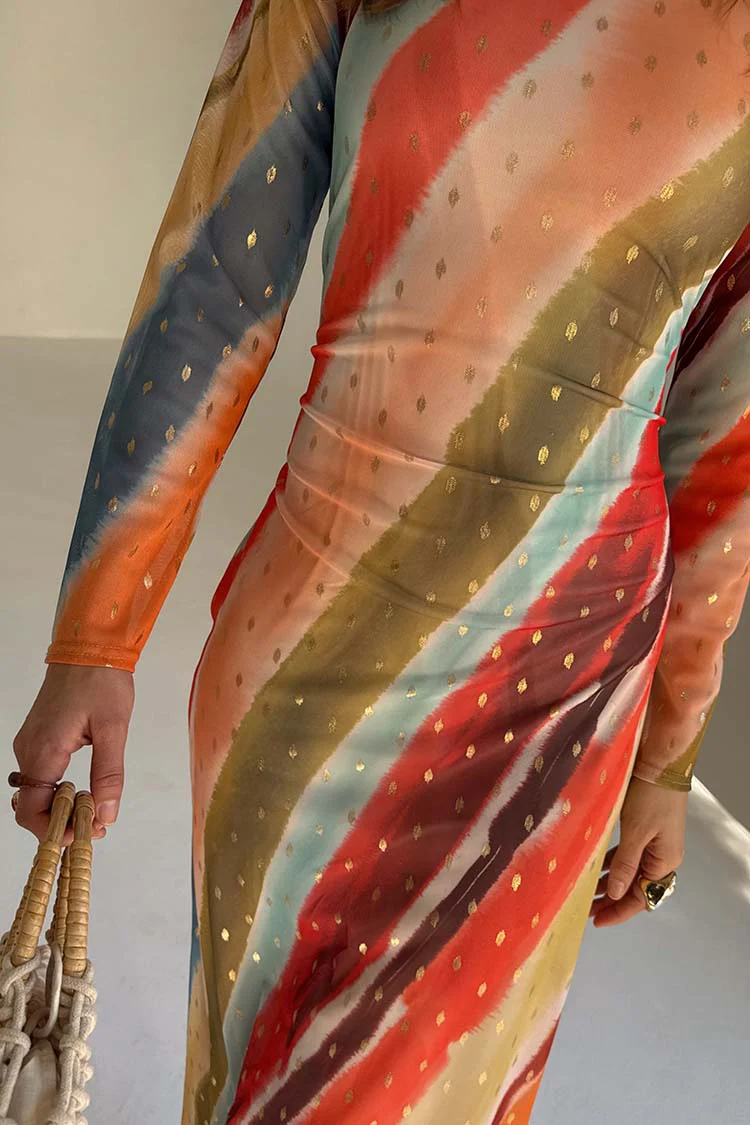 Sunset Stripe Mesh Midi Dress - Image 9