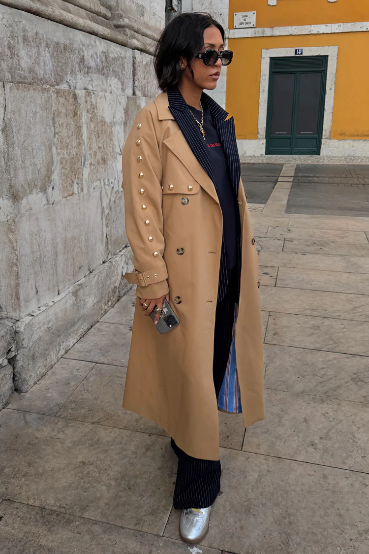 Tan Trench Coat with Gold Studs - Image 10