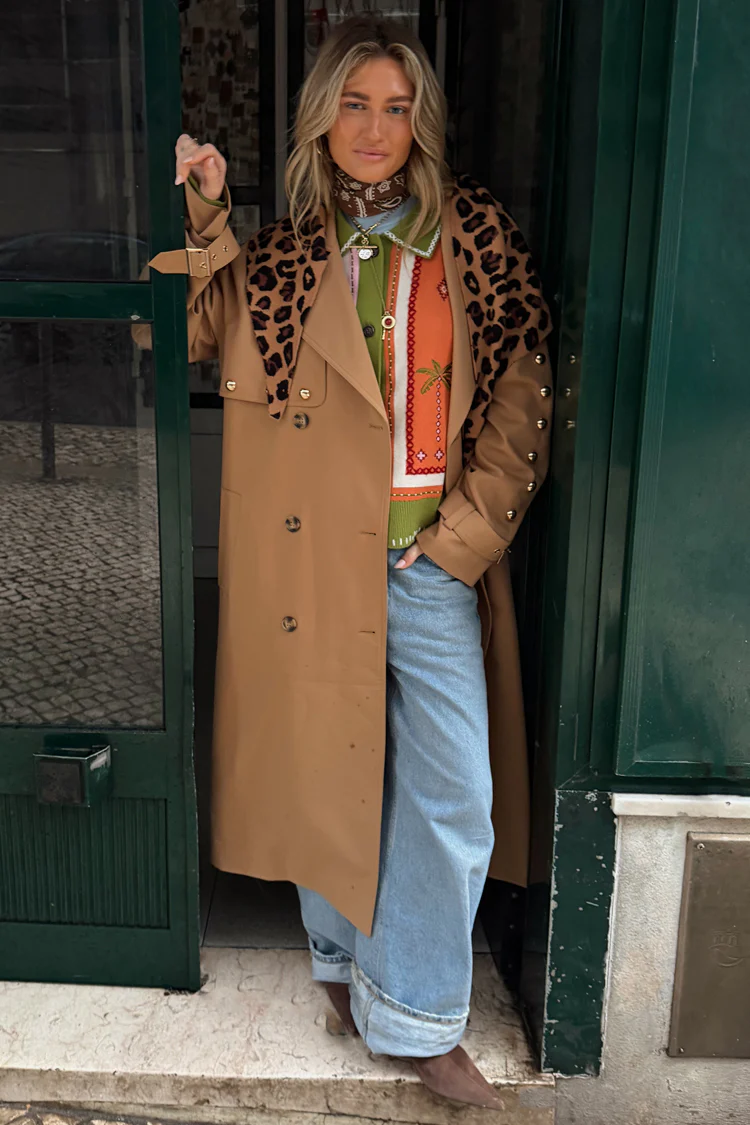 Tan Trench Coat with Gold Studs - Image 11