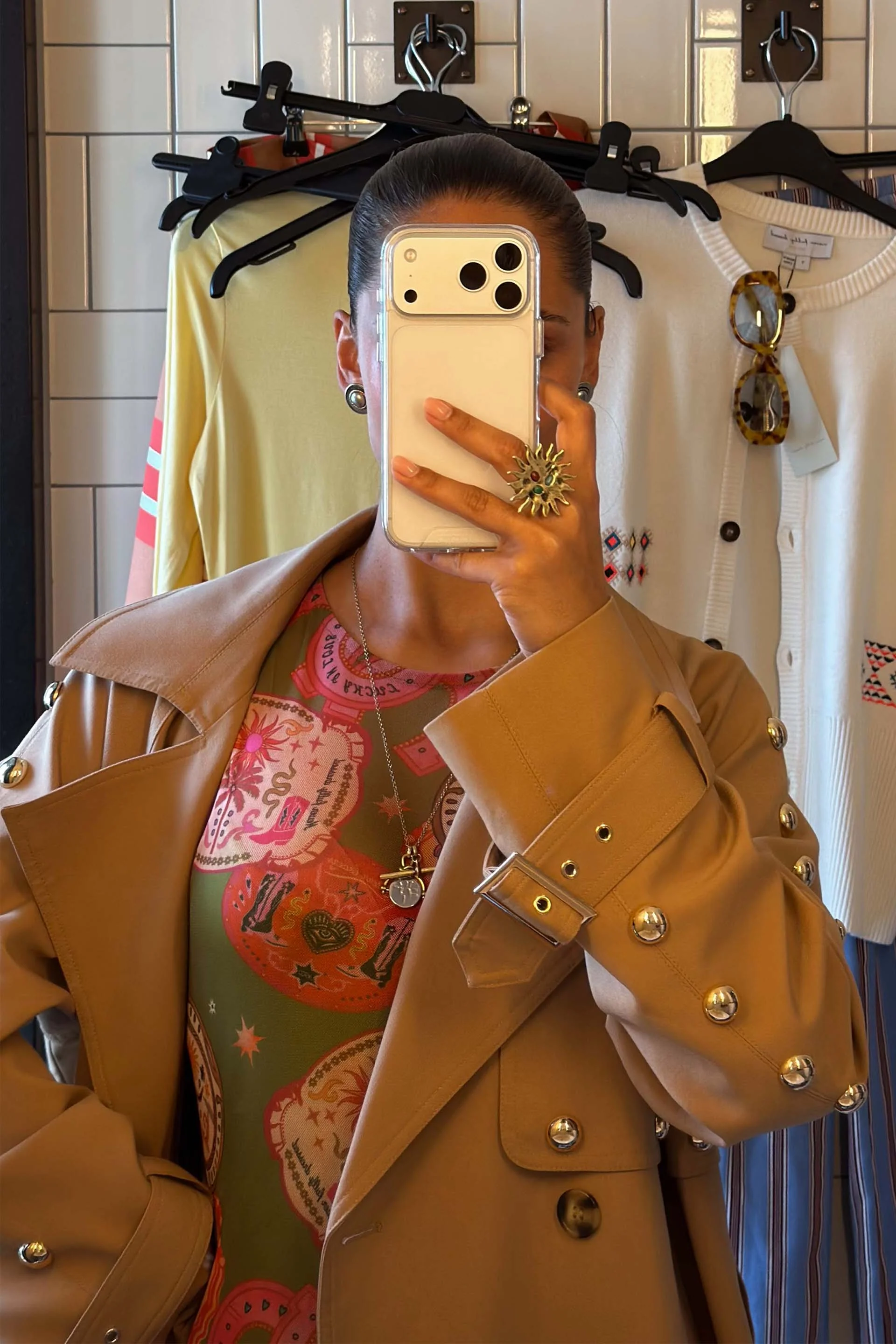 Tan Trench Coat with Gold Studs - Image 14