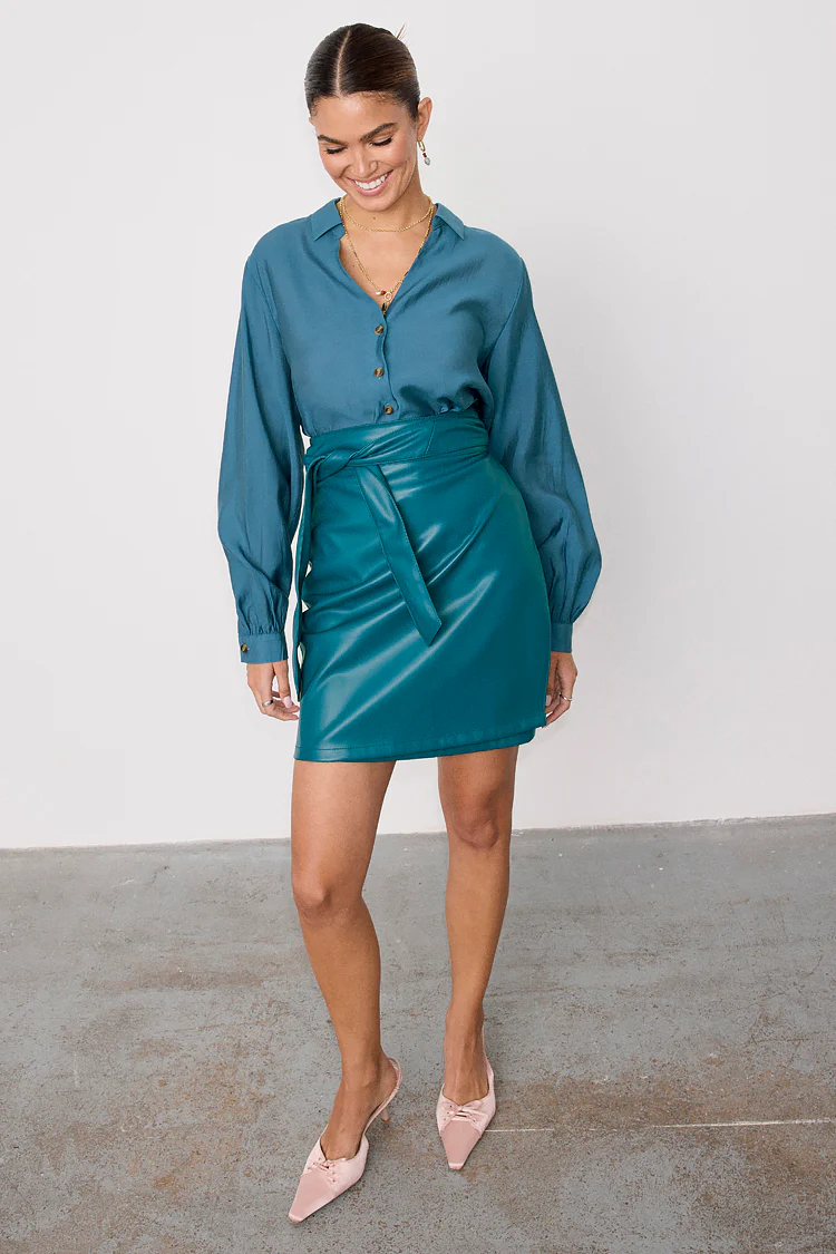 Teal Vegan Leather Mini Jaspre Skirt Petite - Image 4