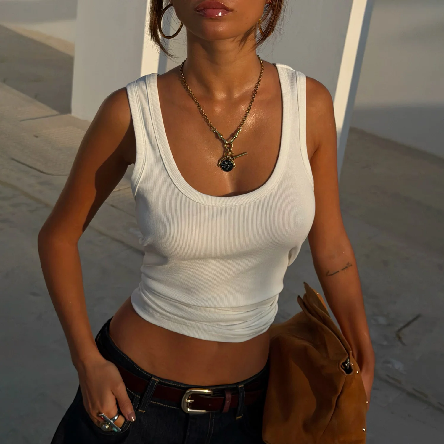 White Scoop Neck Rib Tank