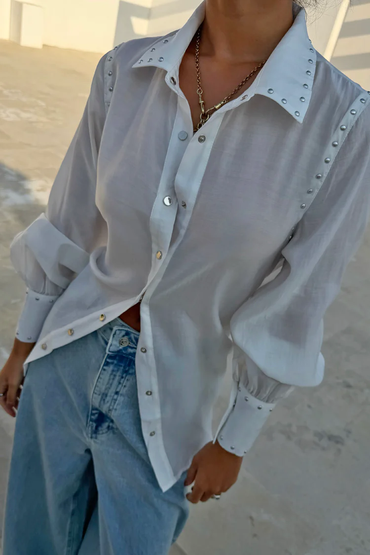White Studded Tie Back Shirt - Image 5