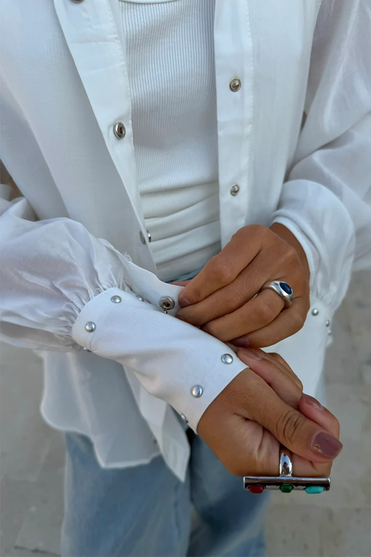 White Studded Tie Back Shirt - Image 6